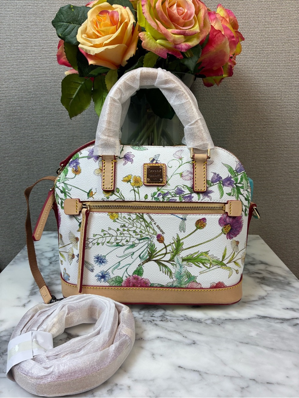 Dooney & Bourke White Botanical Small Dome Zip Satchel Bag - NWT & Hard to Find